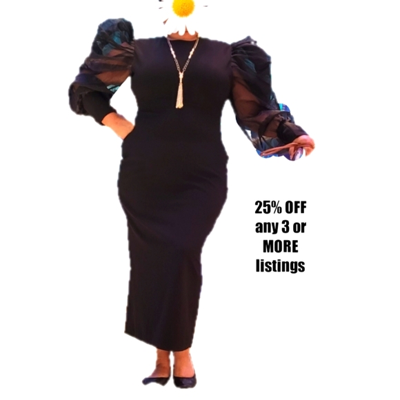 Puff Long Sleeve Maxi Bodycon Plus Size 2X Stretch Sheer Slip Prom Mermaid Gala - Picture 1 of 10